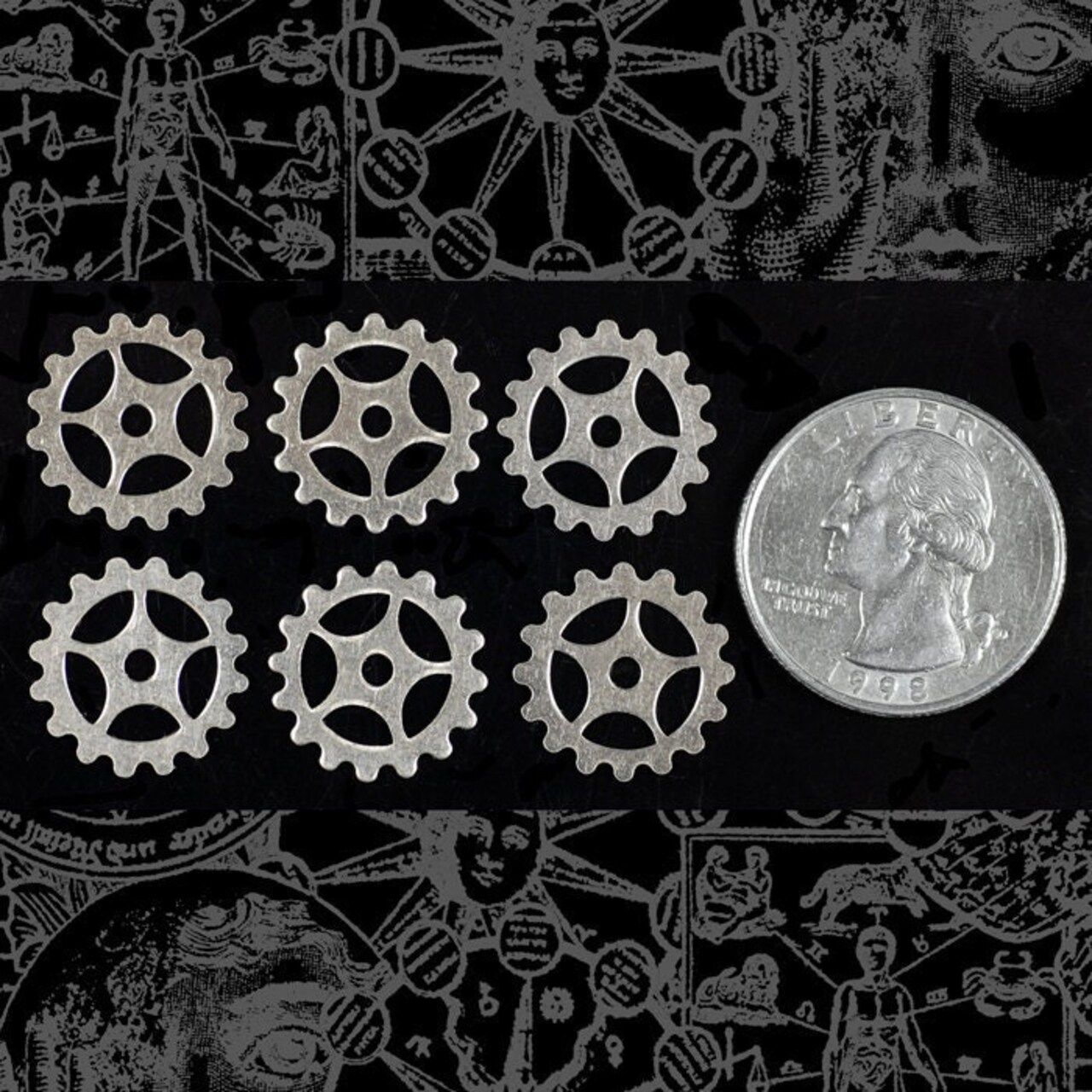 Nickel Silver Steampunk Open Spoke Faux Gears Wheels Charms 16mm - Set of Six - S-G07